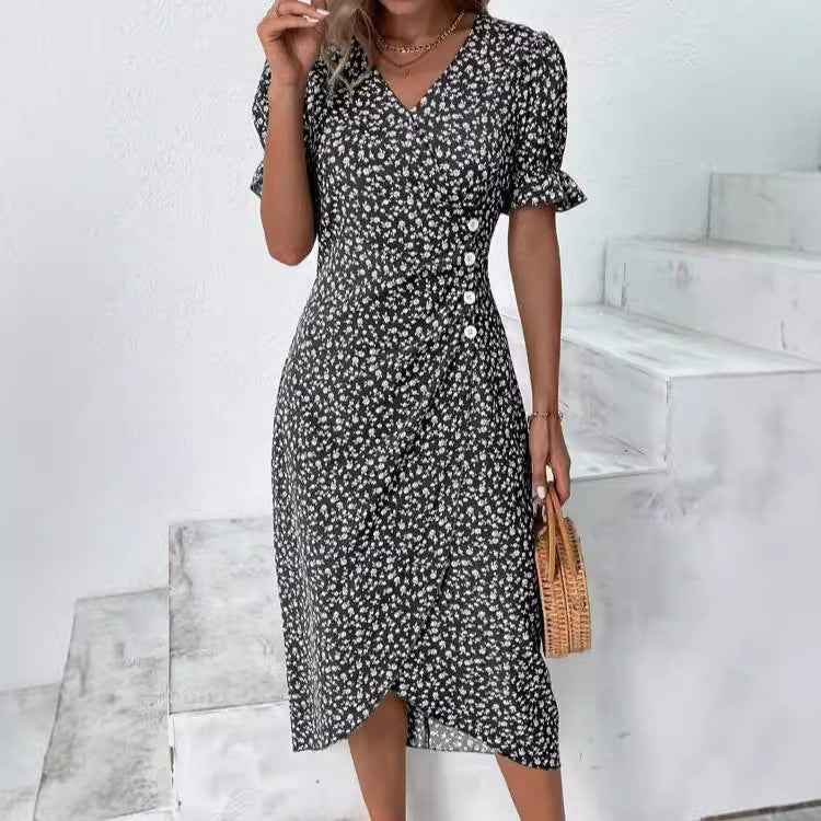 Slim-fit Women's Geometric Collage Bubble Sleeves Irregular hem Dress Sub Female Split Dress Summer Floral dress